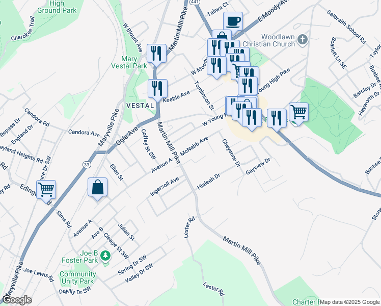 map of restaurants, bars, coffee shops, grocery stores, and more near 422 McNabb Avenue in Knoxville