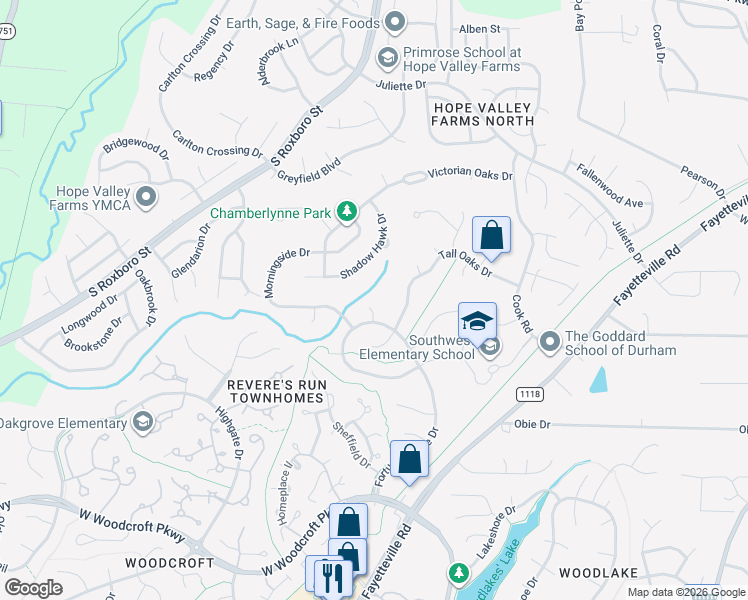 map of restaurants, bars, coffee shops, grocery stores, and more near 8 Leeward Court in Durham