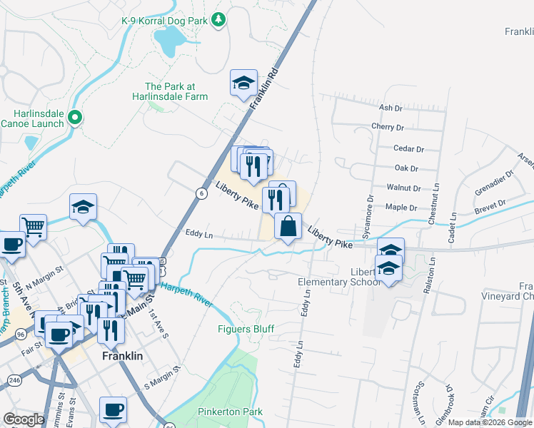 map of restaurants, bars, coffee shops, grocery stores, and more near 320 Liberty Pike in Franklin