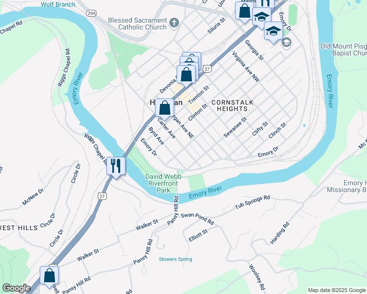 map of restaurants, bars, coffee shops, grocery stores, and more near 402 Carter Avenue in Harriman