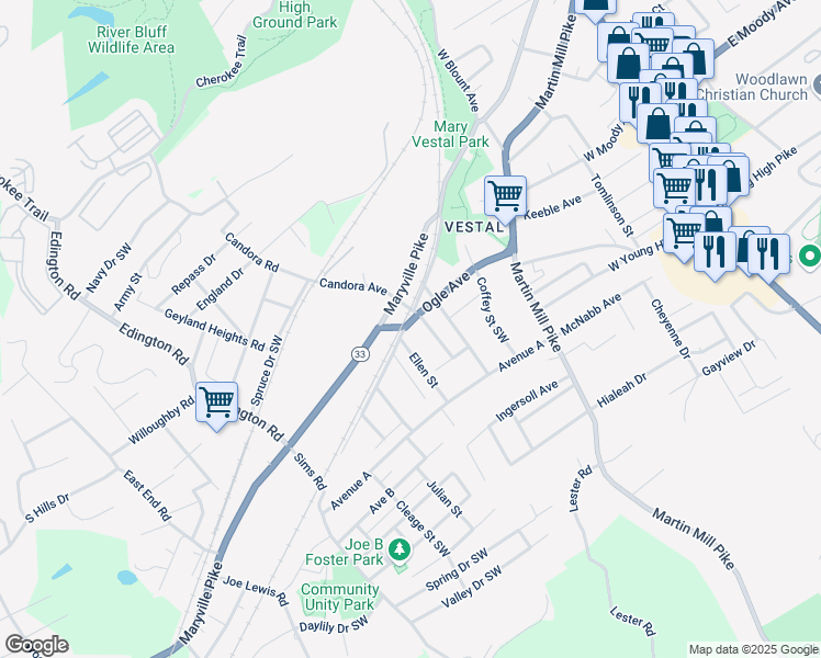 map of restaurants, bars, coffee shops, grocery stores, and more near 405 Ogle Avenue in Knoxville
