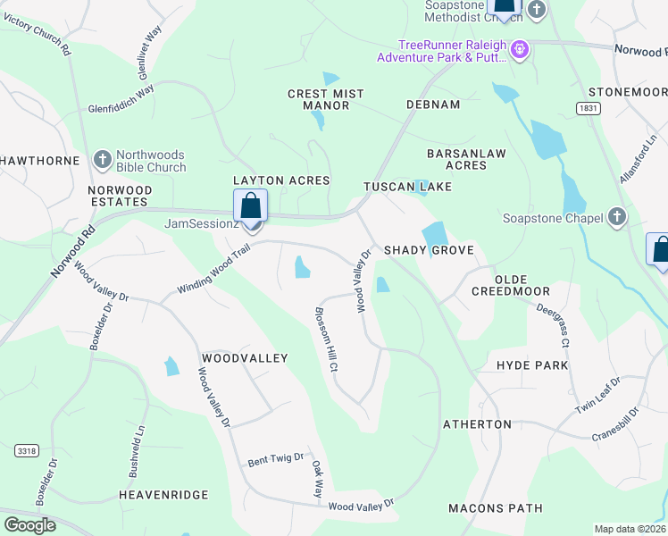 map of restaurants, bars, coffee shops, grocery stores, and more near 10728 Winding Wood Trail in Raleigh