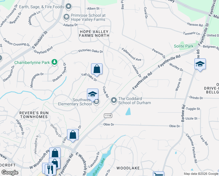 map of restaurants, bars, coffee shops, grocery stores, and more near 1016 Southwest Drive in Durham