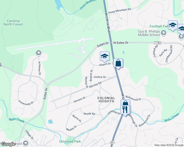 map of restaurants, bars, coffee shops, grocery stores, and more near 136 Justice Street in Chapel Hill