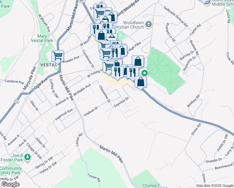map of restaurants, bars, coffee shops, grocery stores, and more near 4507 Smelser Road Southwest in Knoxville