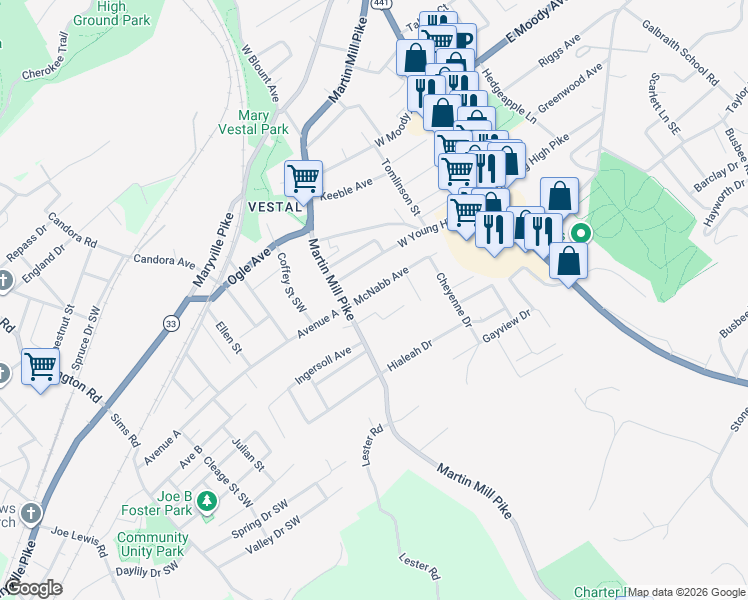 map of restaurants, bars, coffee shops, grocery stores, and more near 422 McNabb Avenue in Knoxville