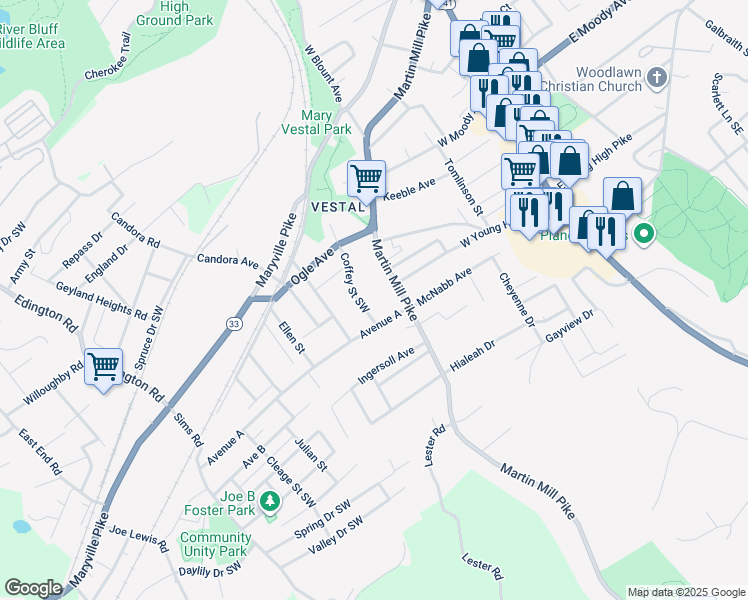 map of restaurants, bars, coffee shops, grocery stores, and more near 4323 Martin Mill Pike in Knoxville