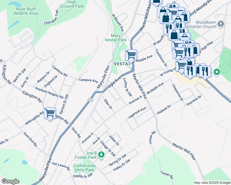 map of restaurants, bars, coffee shops, grocery stores, and more near 4217 Immanuel Street Southwest in Knoxville