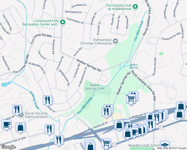 map of restaurants, bars, coffee shops, grocery stores, and more near 705 Walker Springs Road in Knoxville