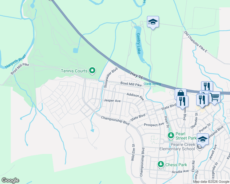 map of restaurants, bars, coffee shops, grocery stores, and more near Addison Avenue in Franklin