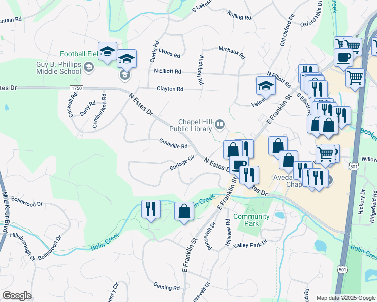 map of restaurants, bars, coffee shops, grocery stores, and more near 203 North Estes Drive in Chapel Hill