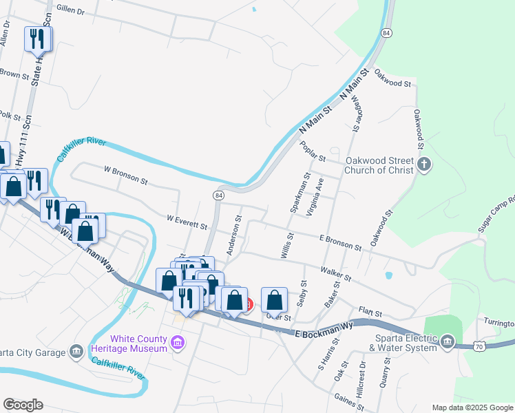 map of restaurants, bars, coffee shops, grocery stores, and more near 114 Swindell Street in Sparta
