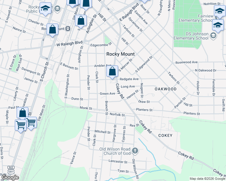 map of restaurants, bars, coffee shops, grocery stores, and more near 618 Green Avenue in Rocky Mount