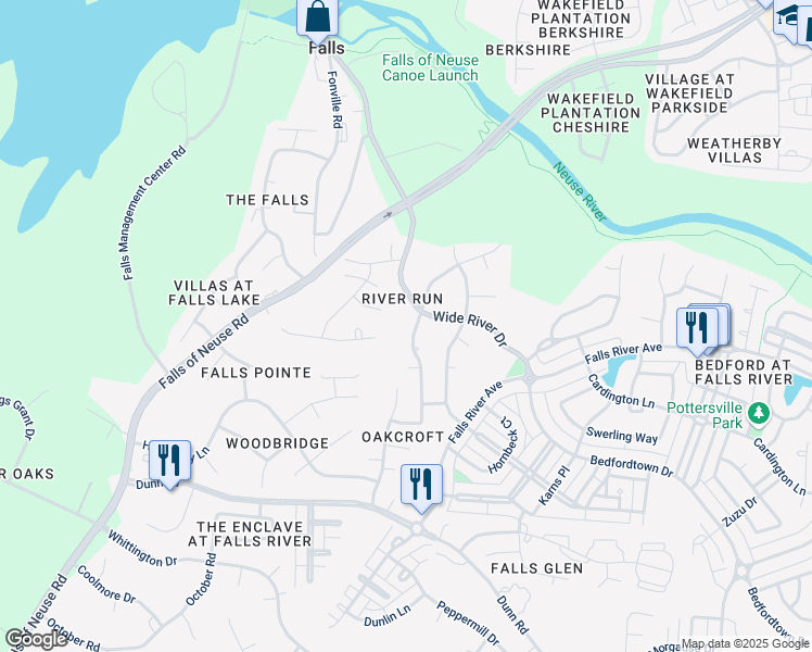 map of restaurants, bars, coffee shops, grocery stores, and more near 2100 Wide River Drive in Raleigh