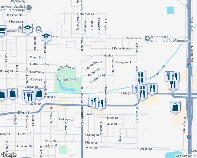 map of restaurants, bars, coffee shops, grocery stores, and more near 829 Robindale Road in Blytheville