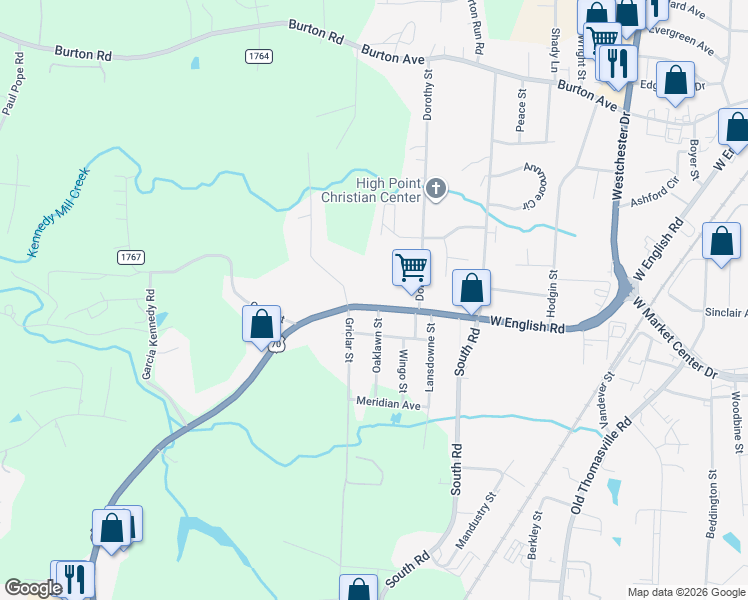 map of restaurants, bars, coffee shops, grocery stores, and more near 3022 West English Road in High Point