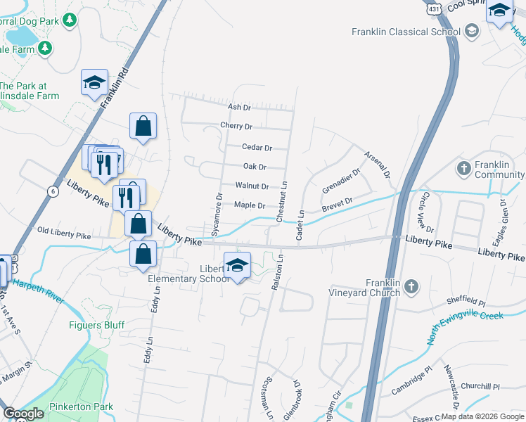 map of restaurants, bars, coffee shops, grocery stores, and more near 207 Maple Drive in Franklin