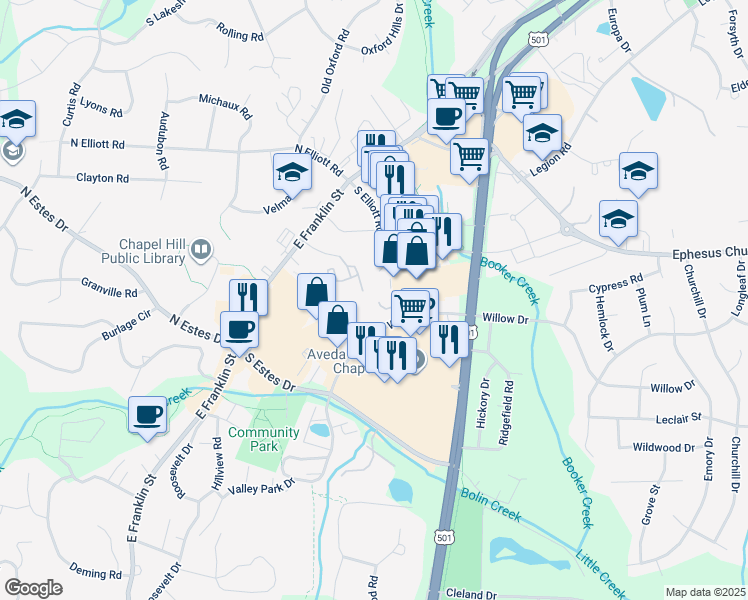 map of restaurants, bars, coffee shops, grocery stores, and more near 1002 Willow Drive in Chapel Hill