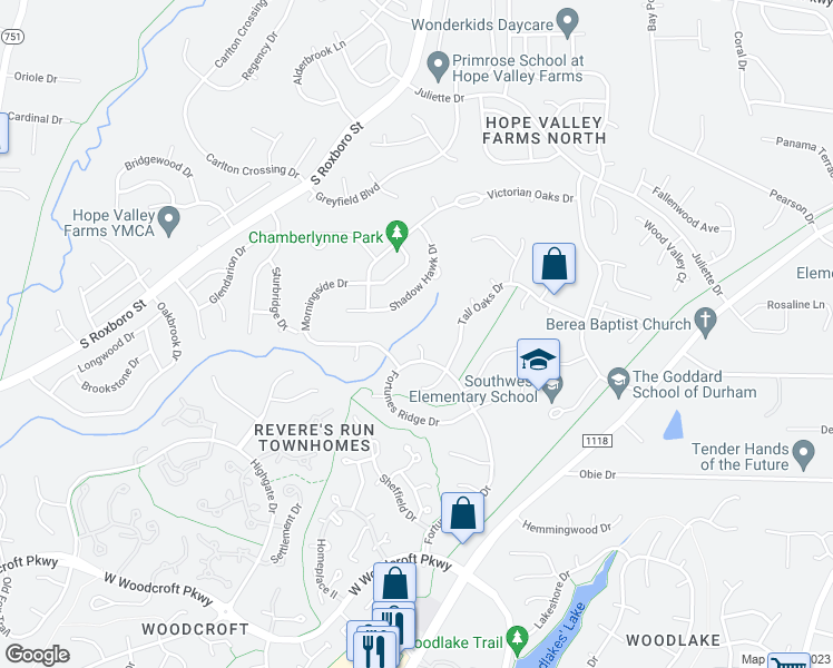 map of restaurants, bars, coffee shops, grocery stores, and more near 10 Leeward Court in Durham