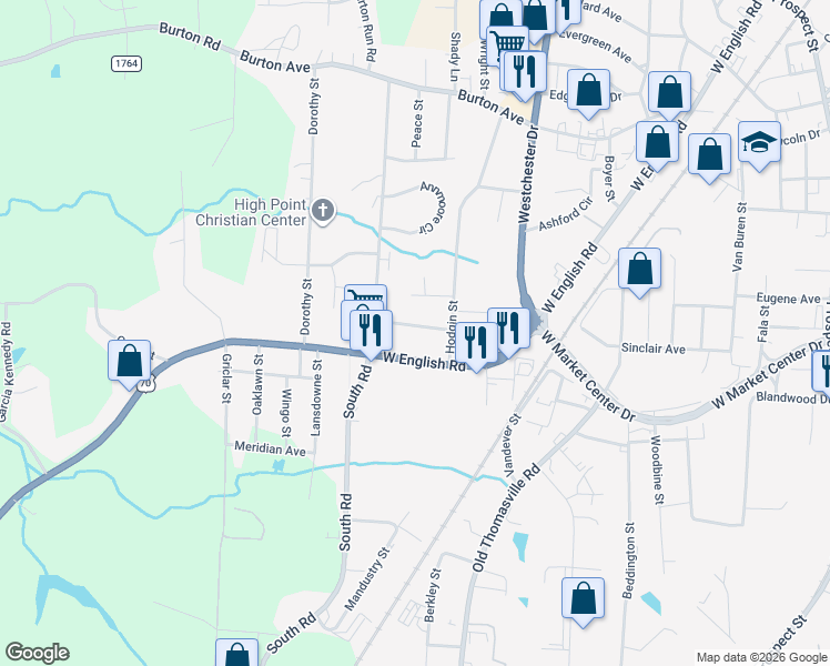 map of restaurants, bars, coffee shops, grocery stores, and more near 2615 Carsten Avenue in High Point