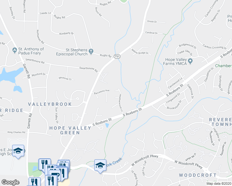 map of restaurants, bars, coffee shops, grocery stores, and more near 3 Crestbury Court in Durham