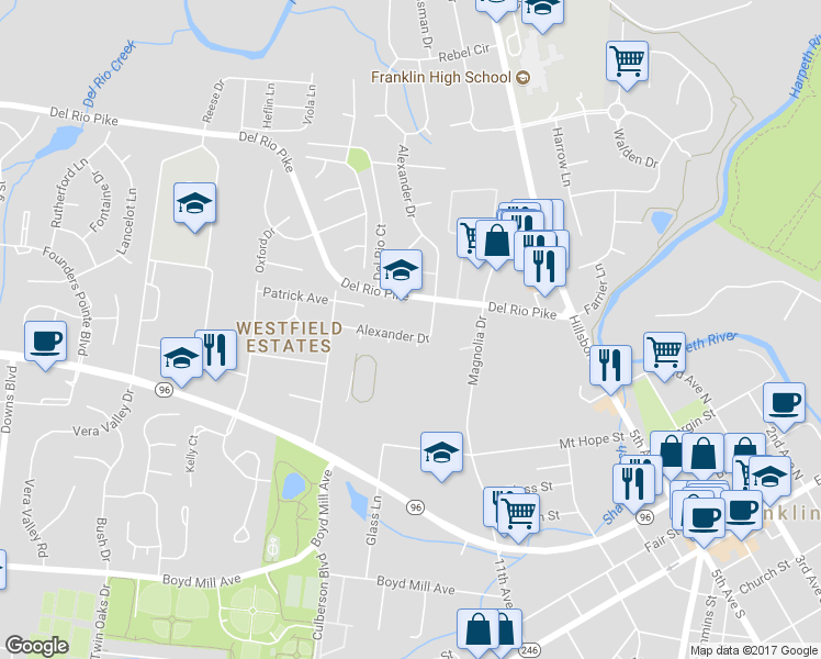 map of restaurants, bars, coffee shops, grocery stores, and more near 119 Alexander Drive in Franklin