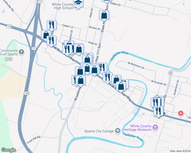 map of restaurants, bars, coffee shops, grocery stores, and more near 419 U.S. 70 Scenic in Sparta