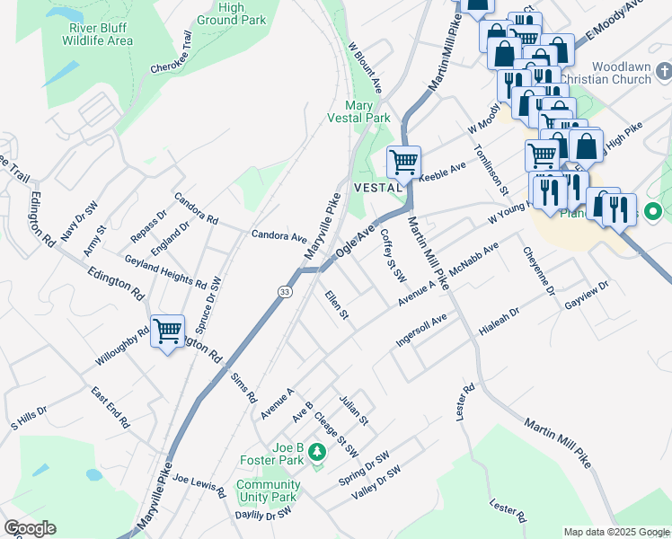 map of restaurants, bars, coffee shops, grocery stores, and more near 315 Doyle Street Southwest in Knoxville
