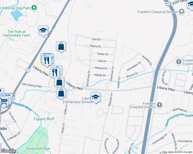map of restaurants, bars, coffee shops, grocery stores, and more near 217 Maple Drive in Franklin