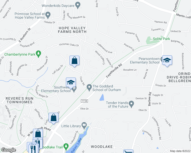 map of restaurants, bars, coffee shops, grocery stores, and more near 2225 Gablefield Lane in Durham