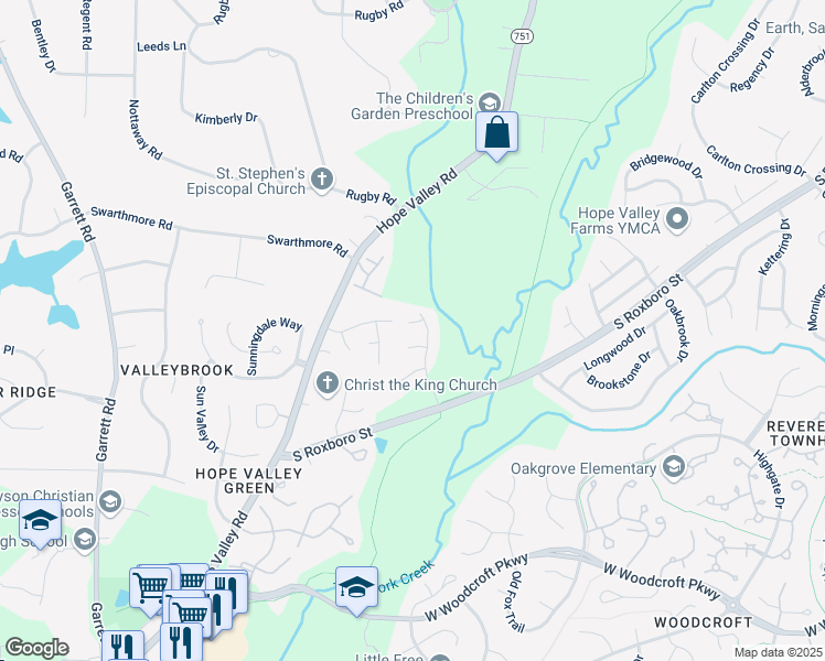 map of restaurants, bars, coffee shops, grocery stores, and more near 3 Crestbury Court in Durham