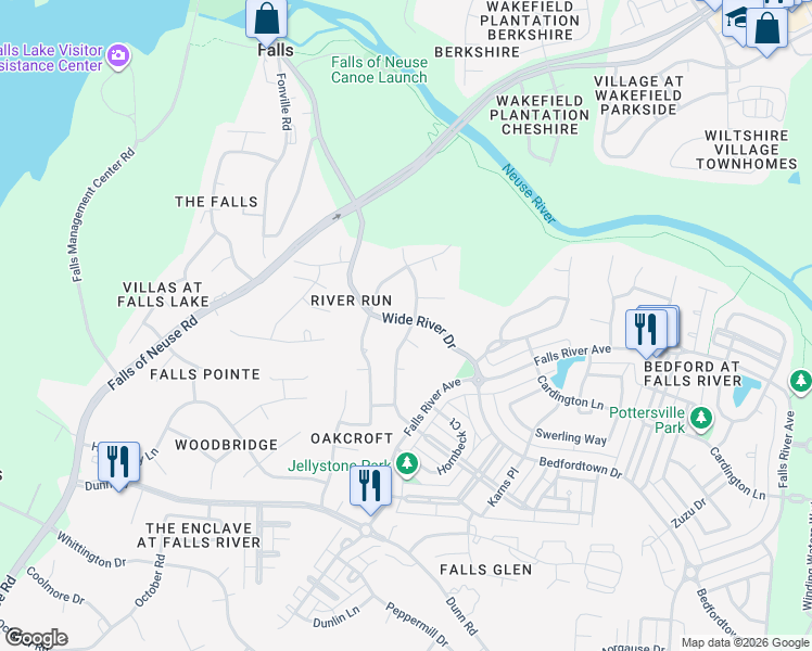 map of restaurants, bars, coffee shops, grocery stores, and more near 2120 Wide River Drive in Raleigh