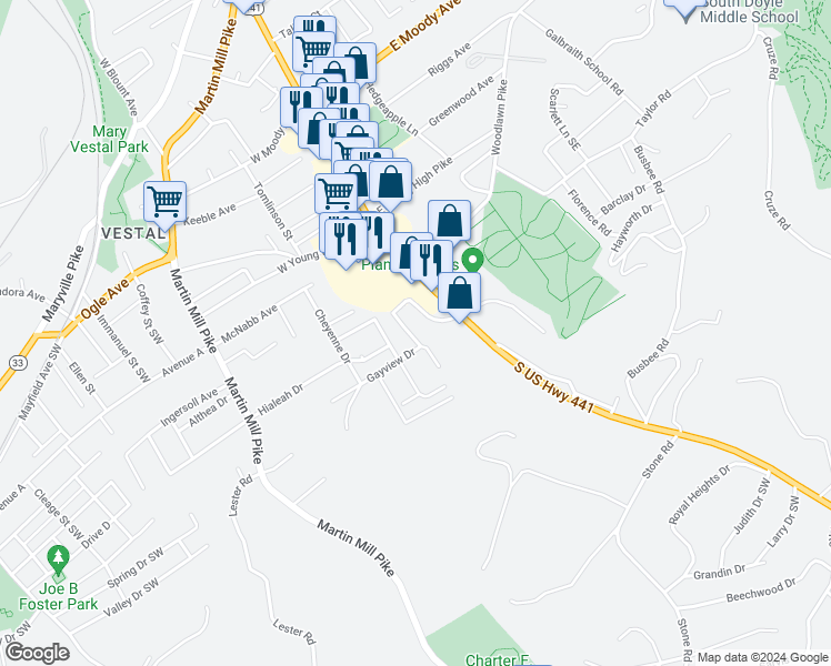 map of restaurants, bars, coffee shops, grocery stores, and more near 122 Overbrook Drive in Knoxville