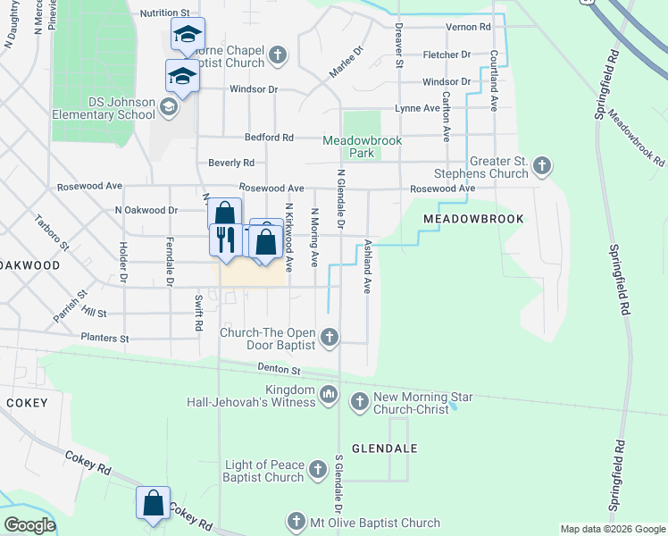 map of restaurants, bars, coffee shops, grocery stores, and more near 112 North Glendale Drive in Rocky Mount