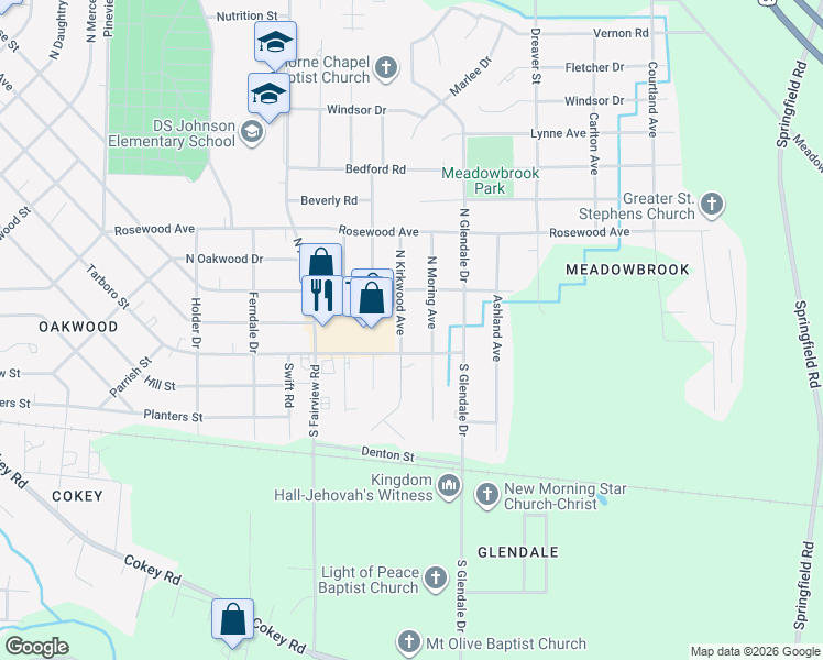 map of restaurants, bars, coffee shops, grocery stores, and more near 108-112 North Moring Avenue in Rocky Mount