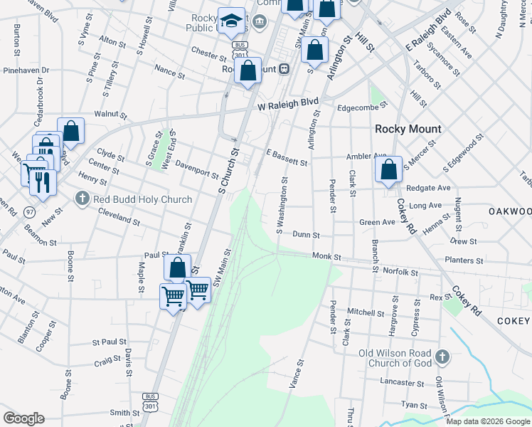 map of restaurants, bars, coffee shops, grocery stores, and more near 117 Wye Street in Rocky Mount
