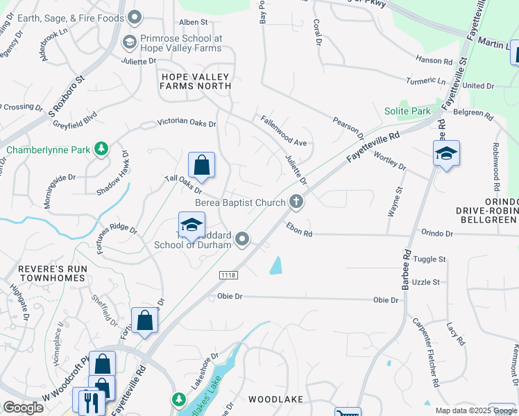 map of restaurants, bars, coffee shops, grocery stores, and more near 2221 Gablefield Lane in Durham
