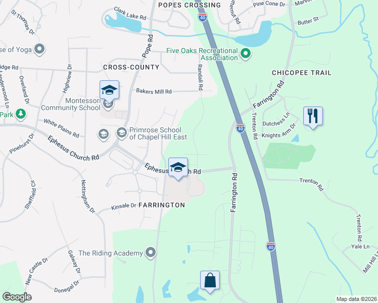 map of restaurants, bars, coffee shops, grocery stores, and more near 208 Tamworth Creek in Durham