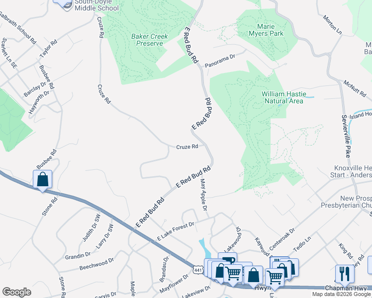 map of restaurants, bars, coffee shops, grocery stores, and more near 4417 Cruze Road in Knoxville