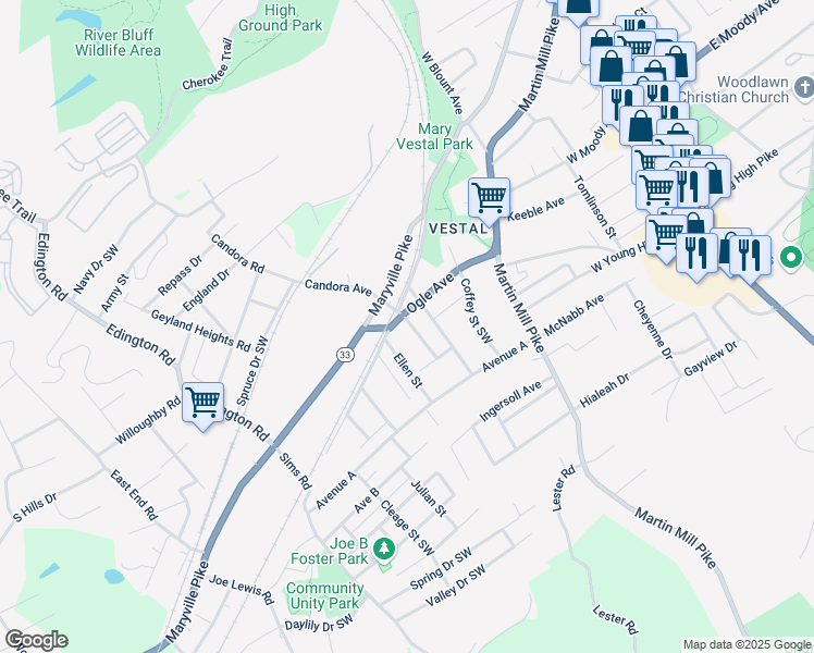 map of restaurants, bars, coffee shops, grocery stores, and more near 405 Ogle Avenue in Knoxville