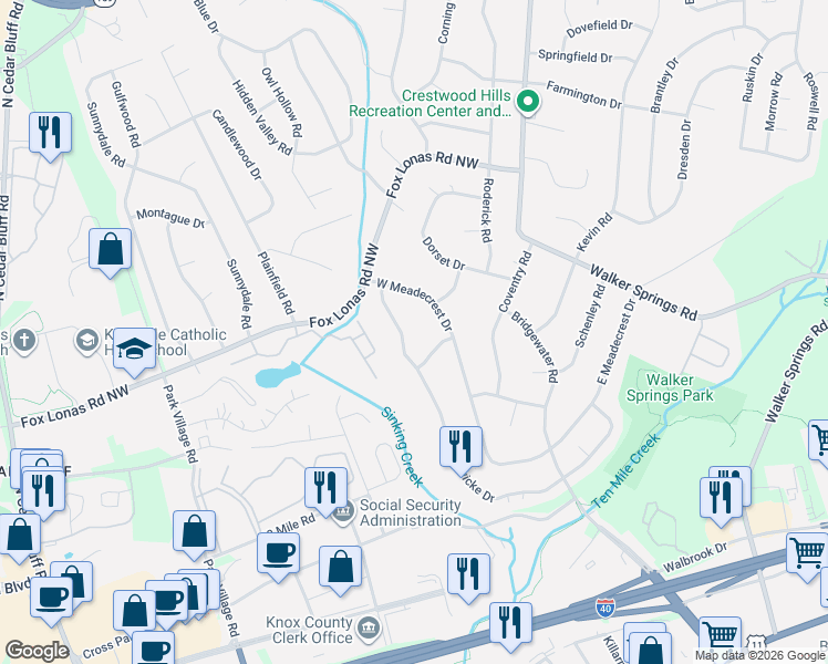 map of restaurants, bars, coffee shops, grocery stores, and more near 717 Hardwicke Drive in Knoxville