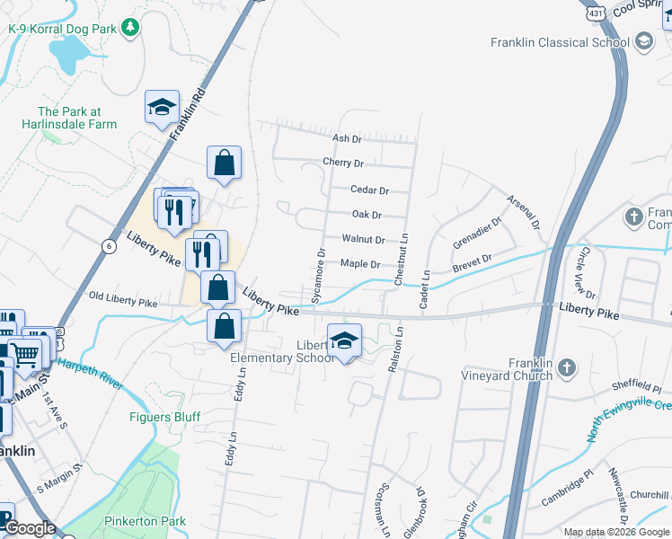 map of restaurants, bars, coffee shops, grocery stores, and more near 217 Maple Drive in Franklin