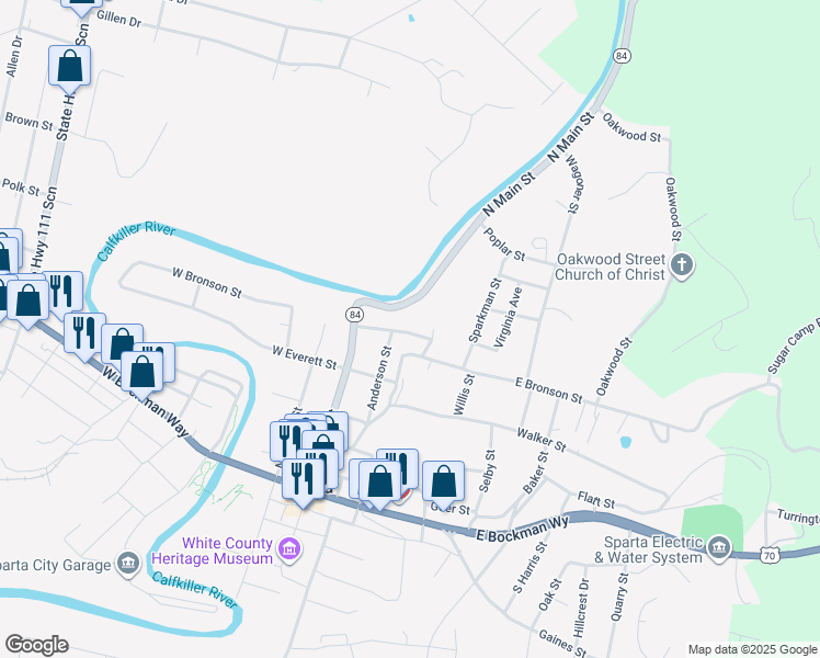 map of restaurants, bars, coffee shops, grocery stores, and more near 114 Swindell Street in Sparta