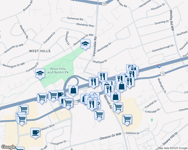 map of restaurants, bars, coffee shops, grocery stores, and more near 205 Buckingham Drive Northwest in Knoxville