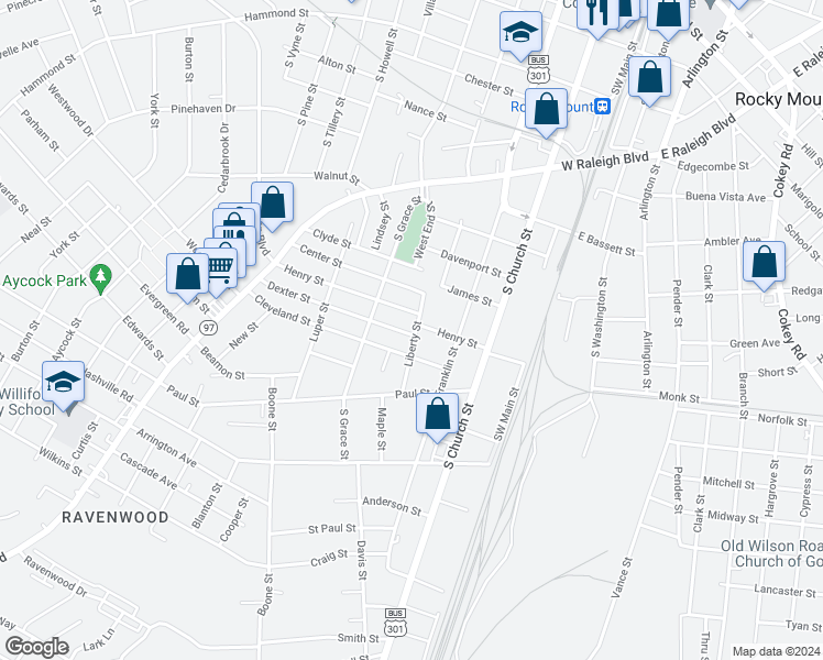 map of restaurants, bars, coffee shops, grocery stores, and more near 400 Dexter Street in Rocky Mount