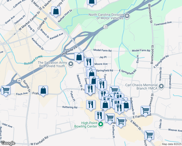 map of restaurants, bars, coffee shops, grocery stores, and more near 2406 West Springfield Road in High Point