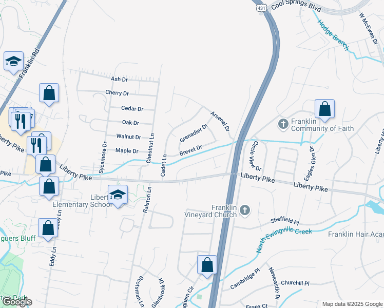 map of restaurants, bars, coffee shops, grocery stores, and more near 118 Brevet Drive in Franklin