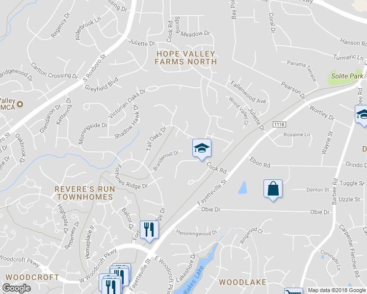 map of restaurants, bars, coffee shops, grocery stores, and more near 202 Brandermill Drive in Durham