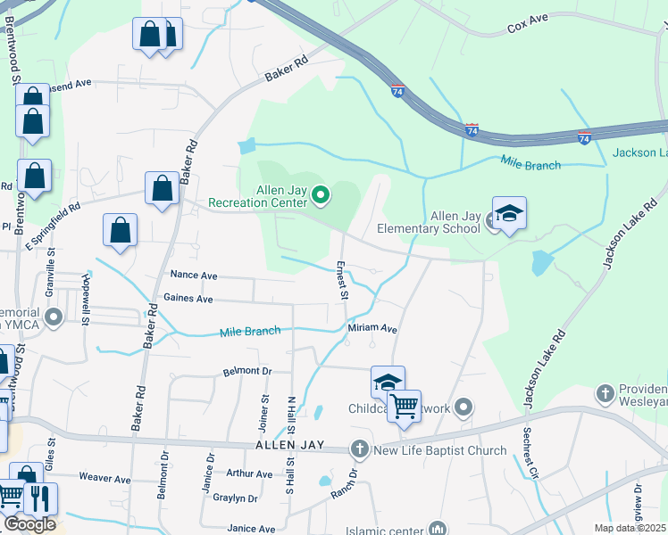 map of restaurants, bars, coffee shops, grocery stores, and more near 2610 Ernest Street in High Point