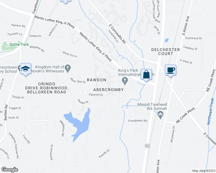 map of restaurants, bars, coffee shops, grocery stores, and more near 3719 Phillips Way West in Durham